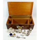 A group of silver plated items in wooden box with key