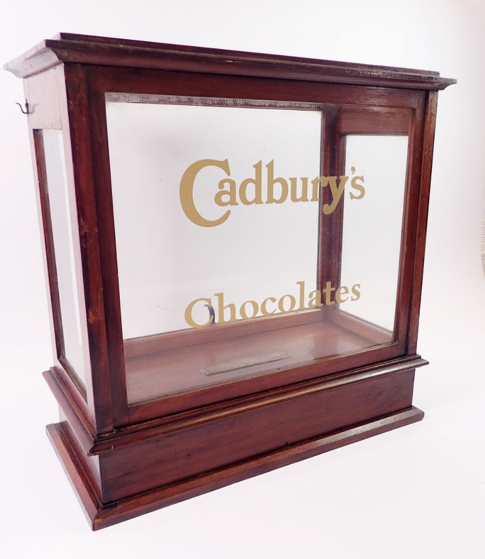 An early 20th century Cadbury's Chocolate mahogany framed shop display case39 x 39 x19.5cm