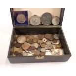 A box of world coins and medallions including examples: British, Channel Islands, Eire, Egypt,