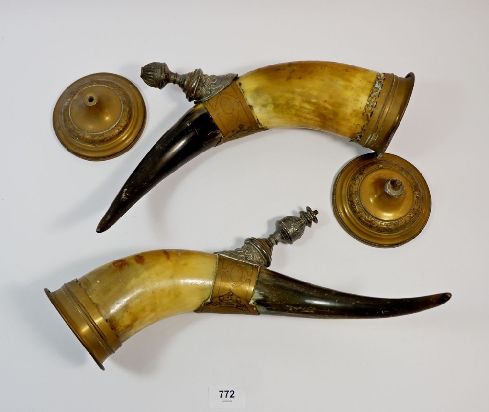 A 19th century pair of brass mounted cattle horns on stands, both a/f 35cm tall on stand