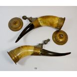 A 19th century pair of brass mounted cattle horns on stands, both a/f 35cm tall on stand