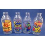 Four vintage advertising milk bottles, Nescafe, Crusha, Rocky Croc and Computerised Horoscope