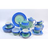 A Shelley Art Deco blue and green Harmony tea service comprising: four cups, seven saucers, eight
