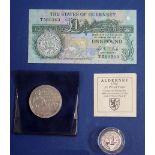 Coins and banknotes for Channel Islands including: Alderney £1 1995 silver proof, 50th anniversary