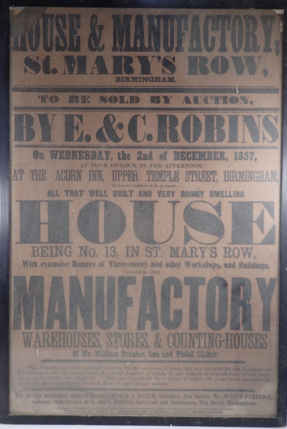 Property sale particulars, auction by E & C Roberts 1857 house and manufacturers warehouses etc.