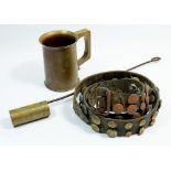 A trench art sherry scoop and tankard and a leather belt of military buttons