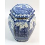 A Ringtons blue and white hexagonal tea caddy, 18cm