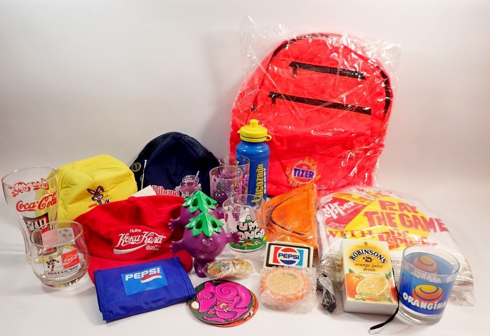 A box of advertising and promotional items relating to soft drinks inc Coca Cola, Pepsi etc