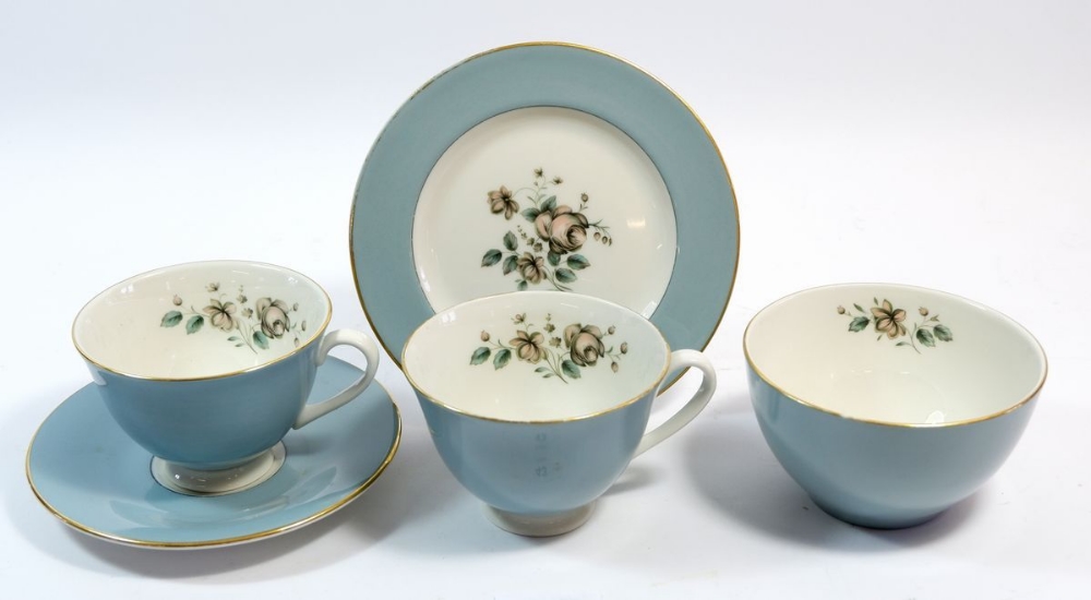 A Wedgwood Rose Elegans tea service comprising eight cups and saucers, eight tea plates and sugar