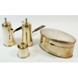 A pair of Mappin & Webb silver plated chocolate pots and sugar pot plus an oval biscuit box
