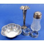 A group of silver including bon bon dish, 66g, Birmingham 1946, cut glass sugar caster, bud vase and