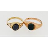 A Victorian gold ring set bloodstone (unmarked) size H and a 9 carat gold carved onyx ring, size