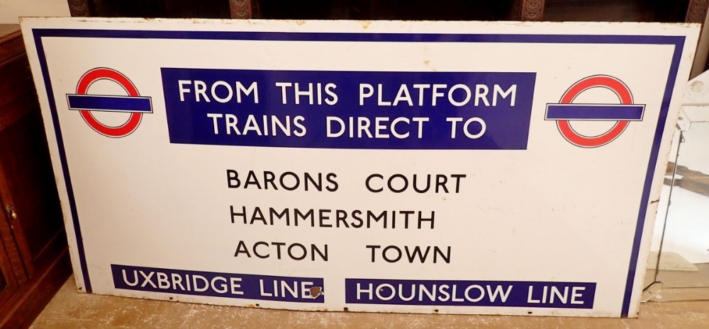 A large 1930's London Underground Enamel Platform sign from the Piccadilly Line - of railway