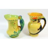 Two Burleigh Ware Art Deco jugs with lizard and bird handles - both restored