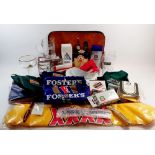 A box of advertising and promotional items relating to beer including beer mats