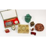 A group of Chinese decorative items including snuff bottles, cigarette box etc.
