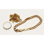 A 9 carat gold curb link bracelet, 7.4g and a 9 carat gold chain a/f, 5g and a 9 carat gold sapphire