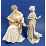 A Copenhagen porcelain figure of a woman playing a guitar and a Lladro figure girl with ducks