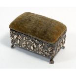 A silver framed pin cushion box with embossed decoration, Birmingham 1911, 9.5cm wide