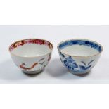 A Chinese 18th century blue and white tea bowl and a famille rose tea bowl, both with hairline