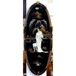A Chinese vintage lacquer oval panel with applied mother of pearl lady, 91 x 35cm