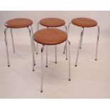 Four vintage chrome stools with brown faux leather round top