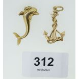 A 9 carat gold anchor charm, 2g, 3cm and a 14 carat gold dolphin charm, 6.8g