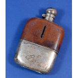 A silver and leather clad spirit flask, Birmingham 1938