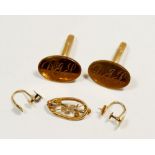 A 9 carat gold pair of cufflinks, small brooch and a pair of screw back earrings - a/f total