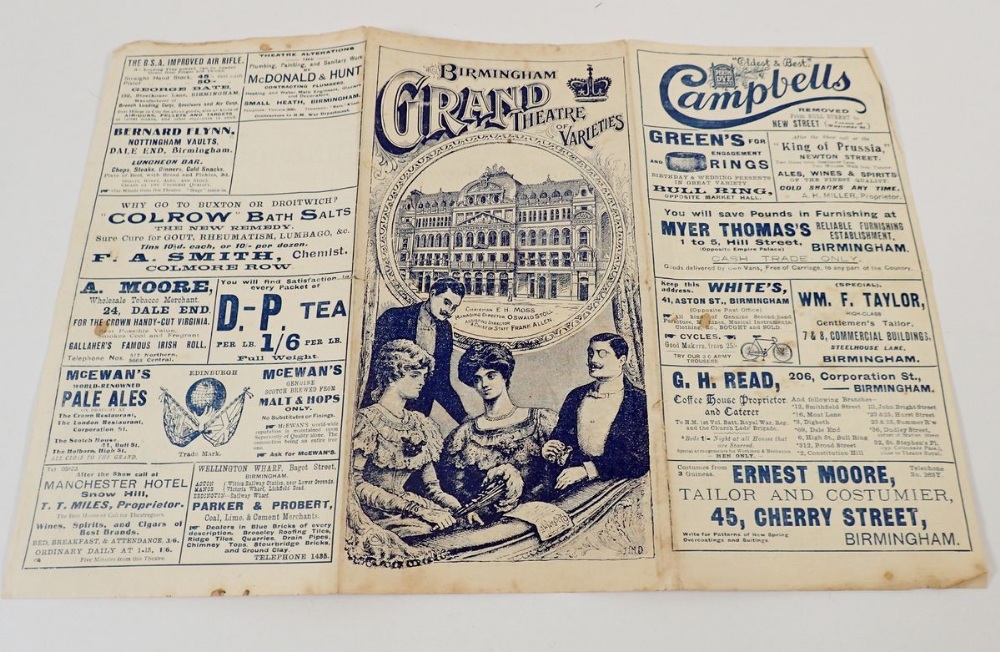 A Birmingham Grand Theatre of Varieties Program 11th May 1908, triple fold leaflet with many - Image 2 of 3