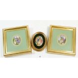 Three reproduction painted porcelain panels, two in glazed frames and one in oval frame, plaques 7.5