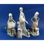A collection of four Lladro groups including girls/ladies with animals: pig, rabbit, duck, goose,