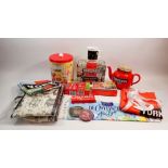 A box of advertising and promotional items relating to Quick Brew tea and Yorkshire tea