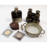 A box of collectables including Victorian spirit flask, binoculars and Arabic miniature prayer