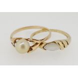 A 10 kt pearl set ring size P - Q and a 9 carat gold ring, size M, total weight 3.5g