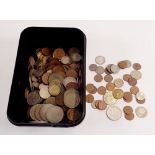 A box of pre decimal and world coinage to include a number of half crowns, two shillings, shillings,