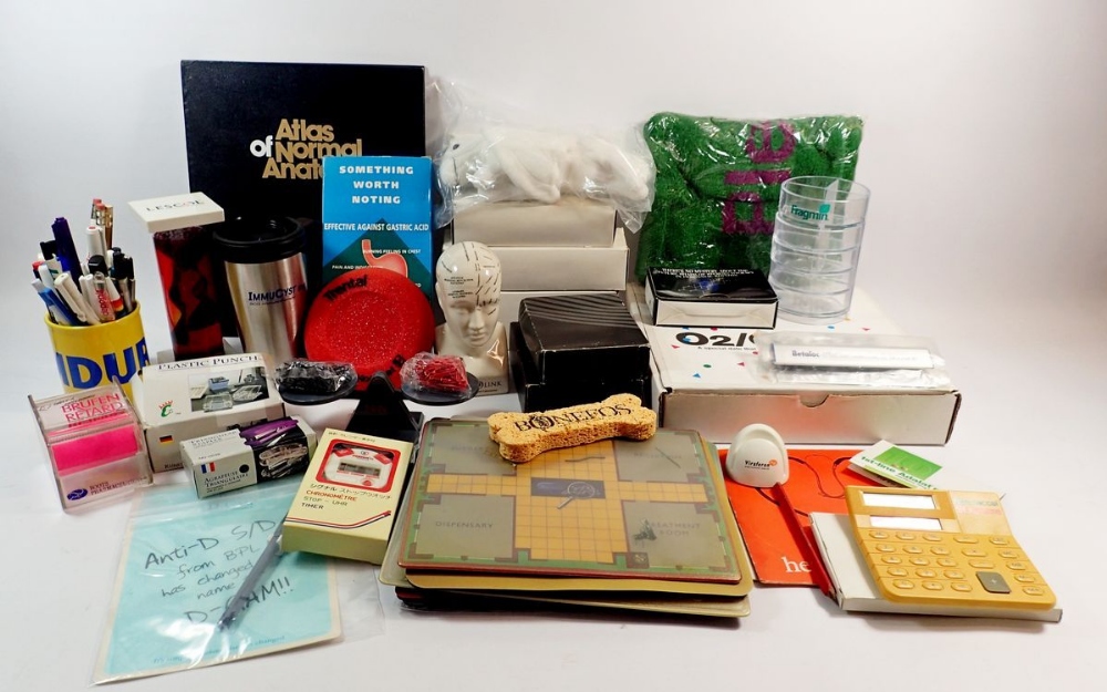 A box of advertising and promotional items relating to medical and pharmaceutical supplies including