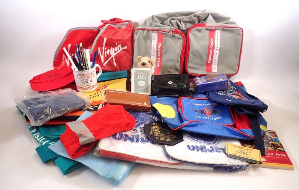 A box of advertising and promotional items relating to travel including airlines, hotels etc