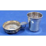 A French silver wine taster, 73g and a French silver engraved tumbler, 46g, 7cm tall