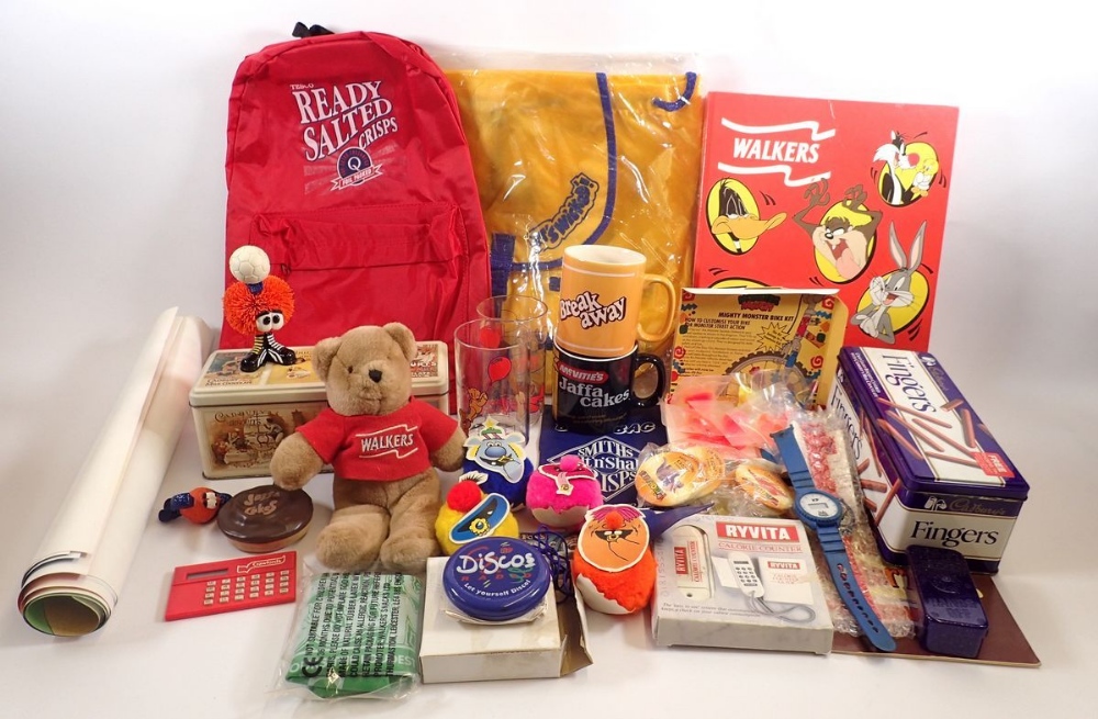 A box of advertising and promotional items relating to biscuits and snacks including Jacobs