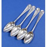 A set of four Georgian silver teaspoons with scroll backs, circa 1760 by WC, 44.4g