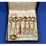 A harlequin set of six Norwegian silver coffee spoons with enamel handles in case plus a Danish
