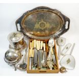 A box of silver plated items including tray, cutlery etc.
