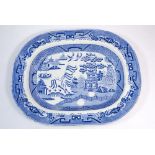 A Victorian Davenport blue and white meat plate, Improved Willow, 46 x 35cm