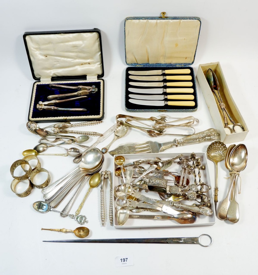 A box of silver plated cutlery and skewer etc.