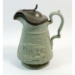 A Victorian Jones & Walley 'Good Samaritan' pottery jug with pewter lid, circa 1841