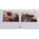 Two real photo postcards of Southend on Sea broken pier, 1908