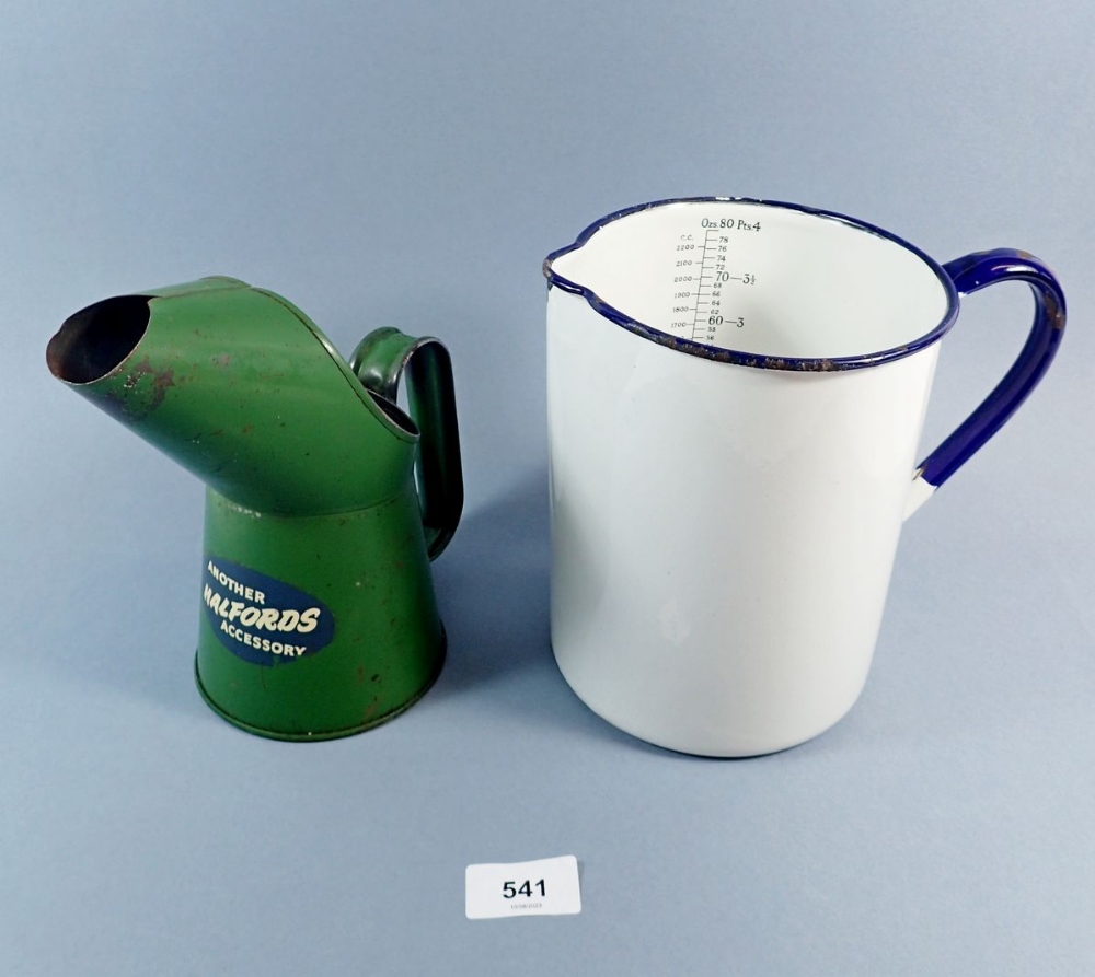 A Halfords oil can 19cm tall and a four pint enamel jug