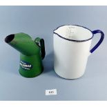 A Halfords oil can 19cm tall and a four pint enamel jug