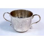 A silver porringer with engraved bird decorated in 17th century style, 285g, London 1926 by The
